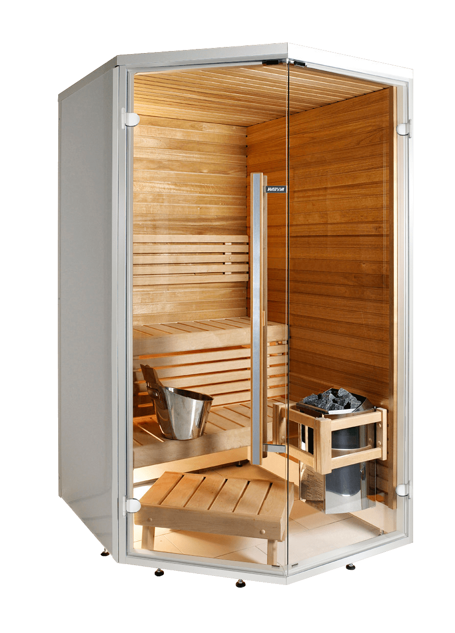 Sauna Sirius Corner com porta de vidro e balde.