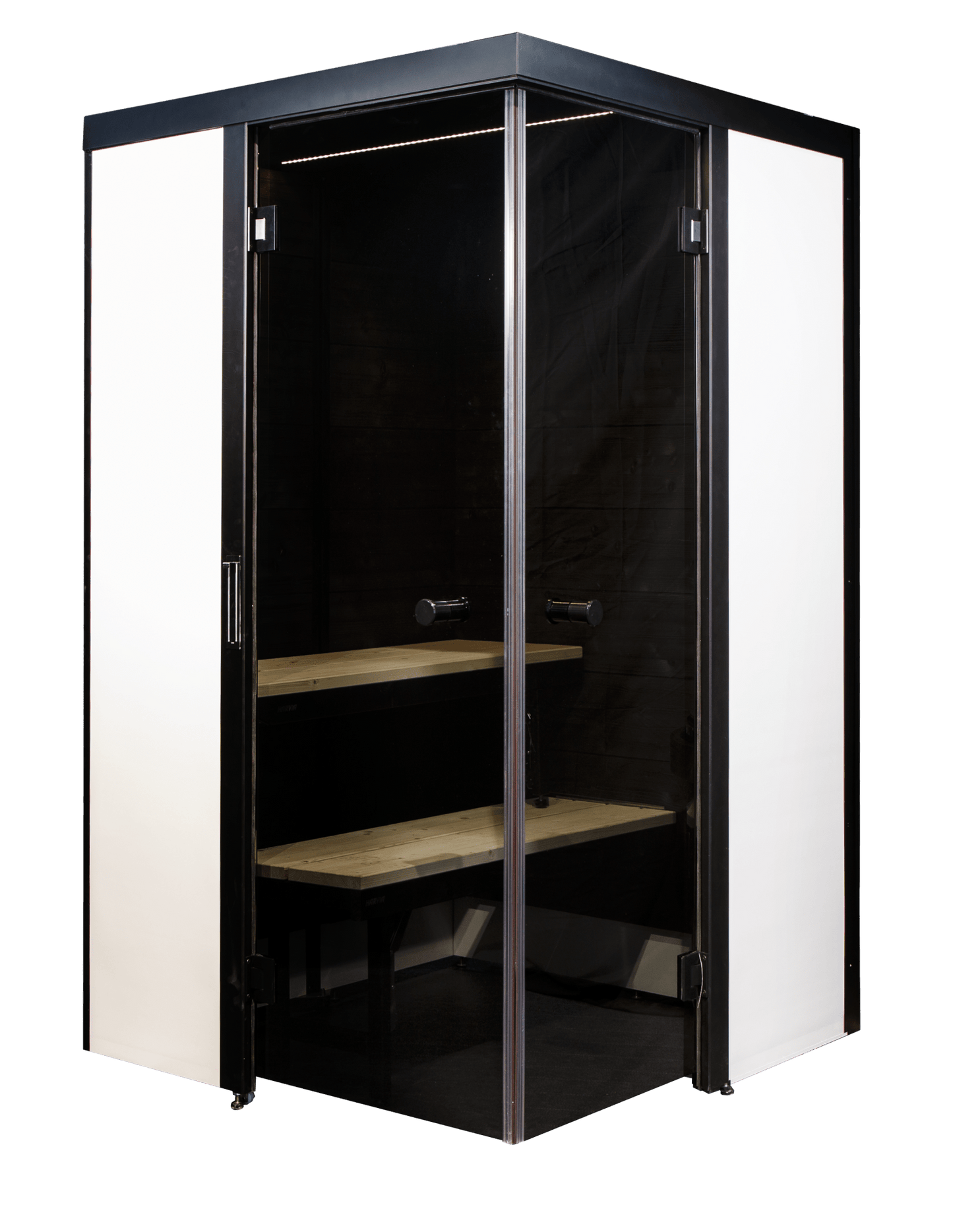 Sauna SmartFold em uma vitrine de vidro.