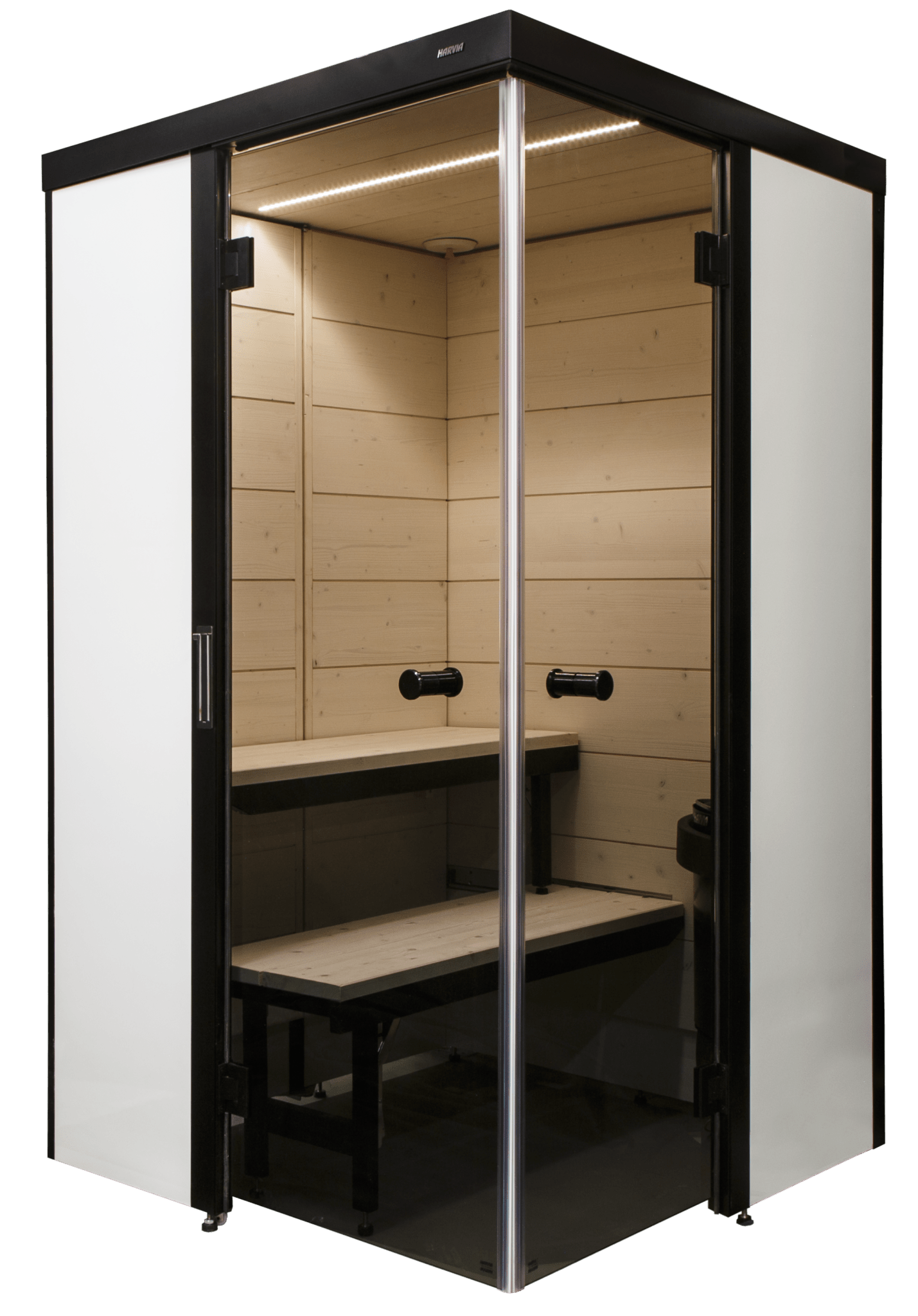 Sauna SmartFold 2.0 com porta de vidro e banco visível.