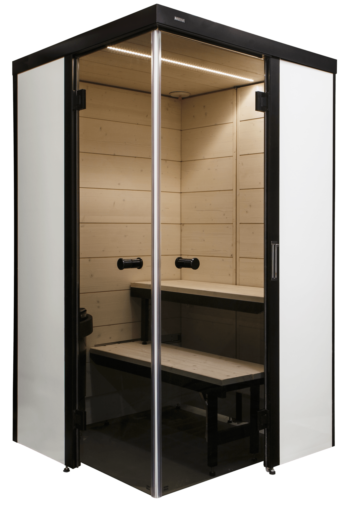 Sauna SmartFold 2.0 com porta de vidro e banco visível.