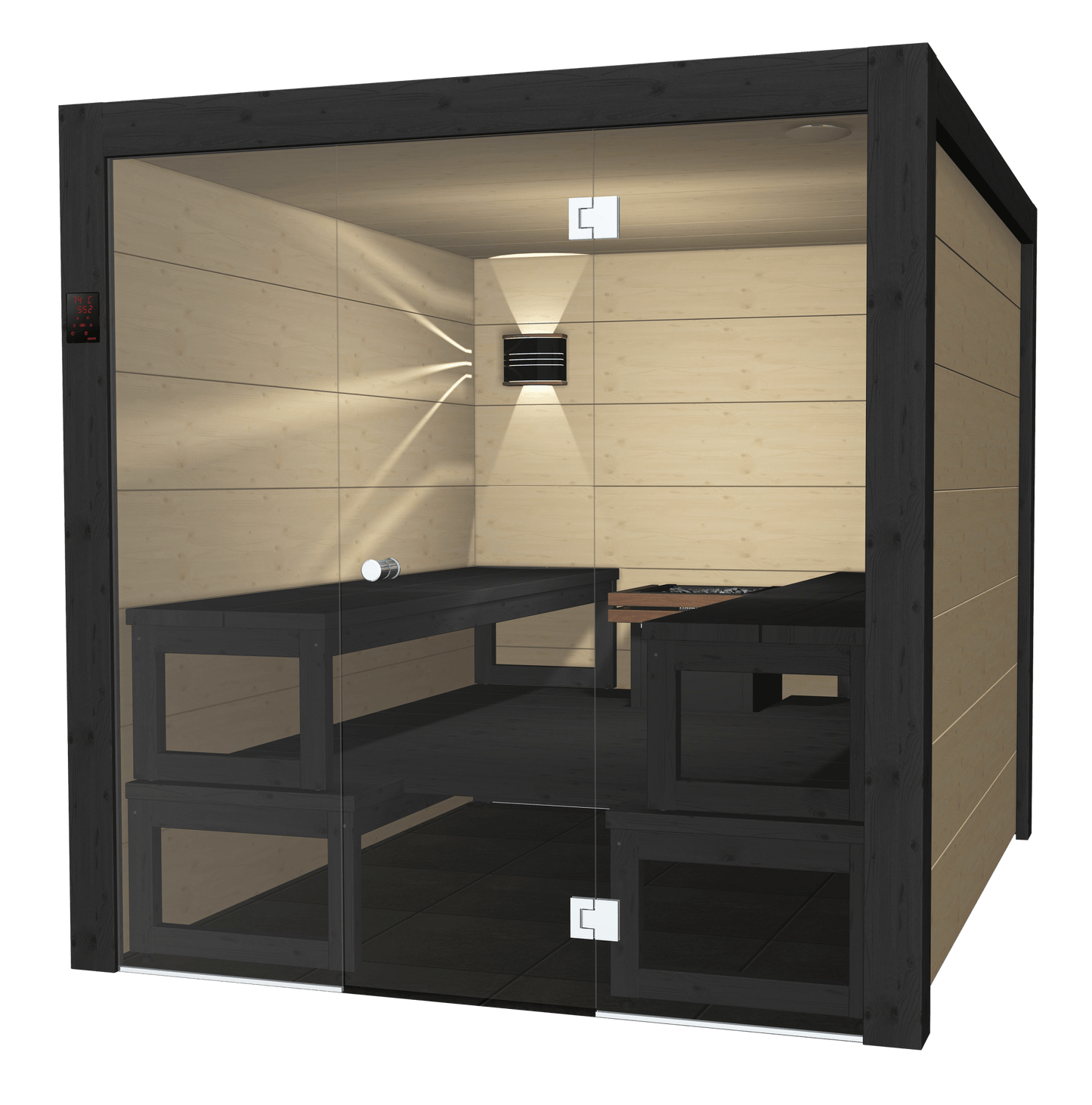 Sauna Solide com design moderno e vidro.