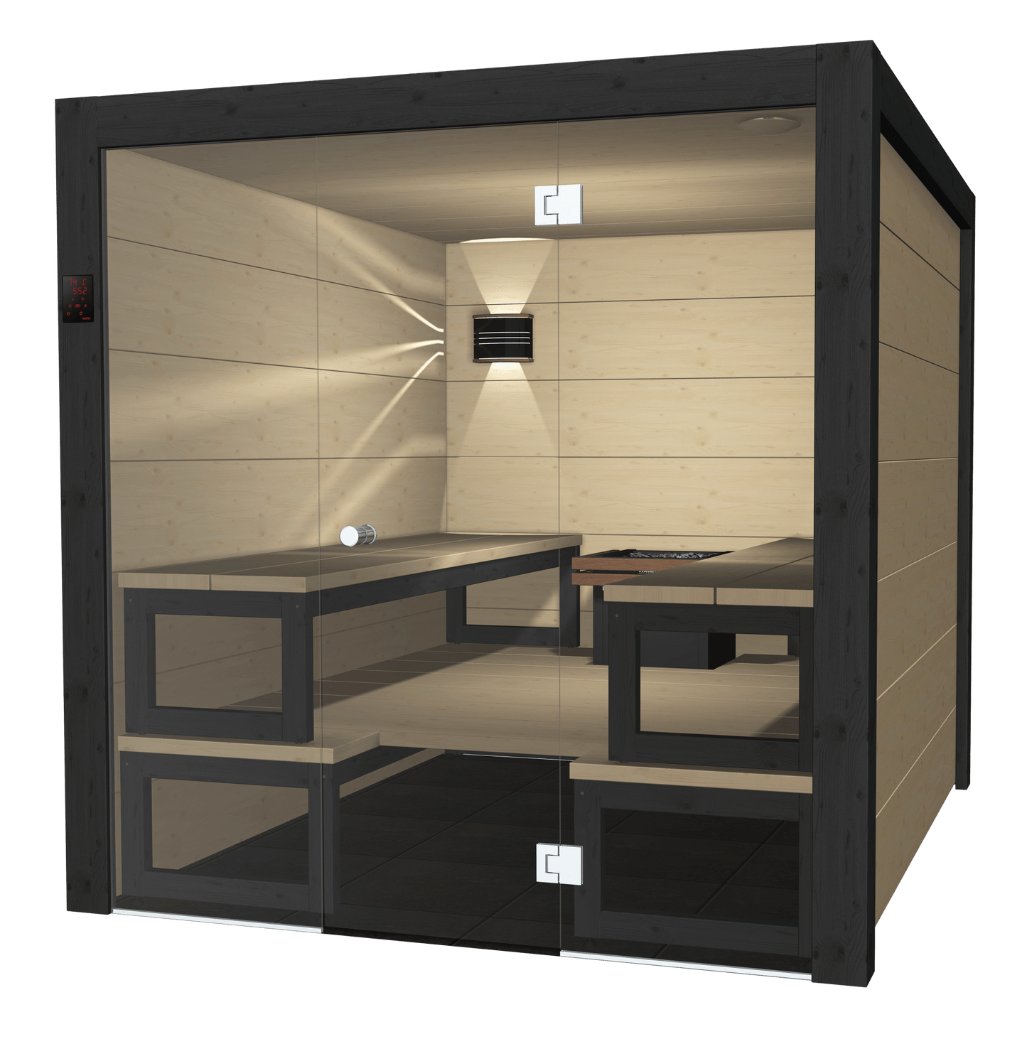 Sauna Solide em ambiente moderno com mesa e cadeiras.