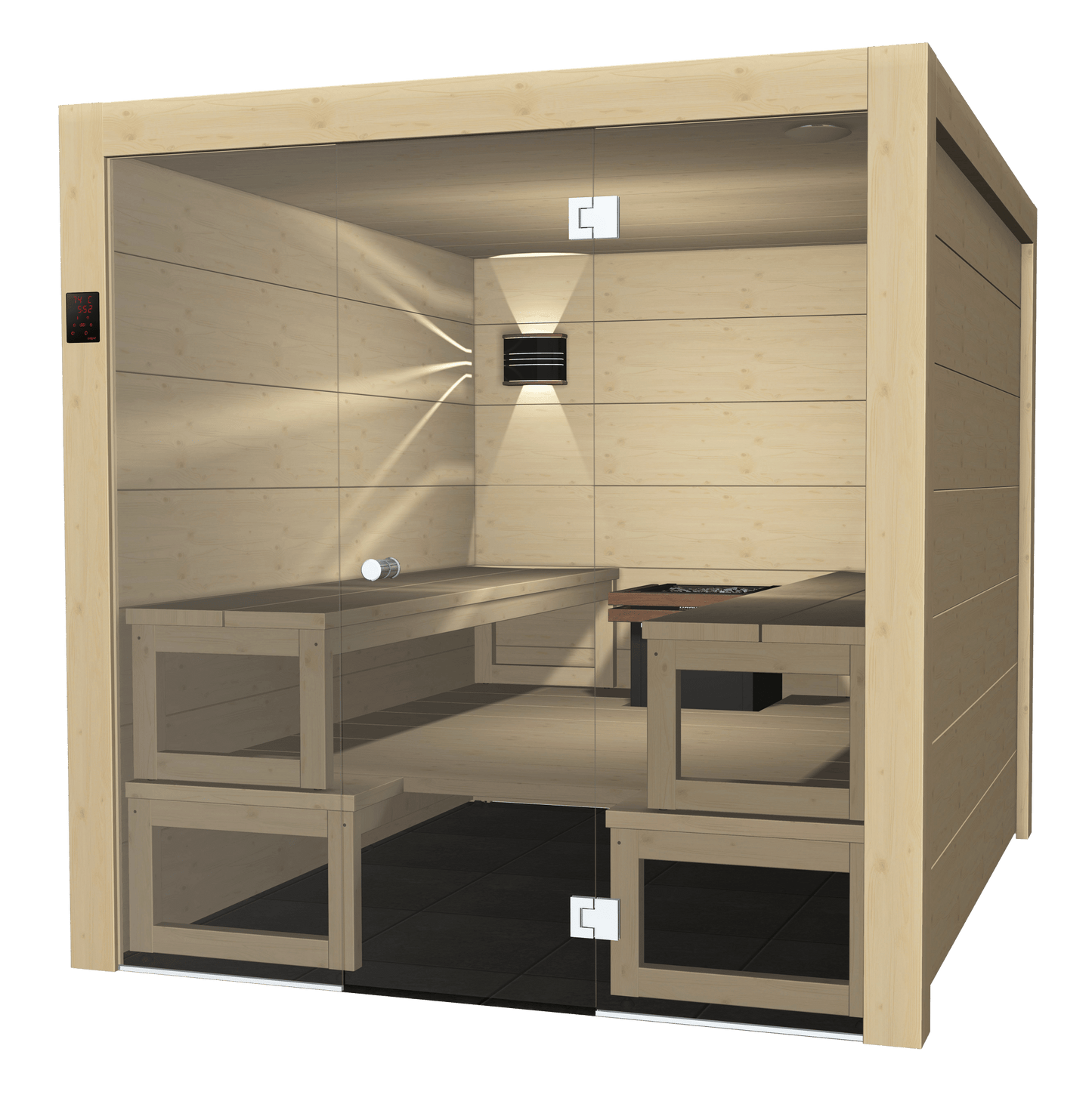 Sauna Solide com paredes de vidro e bancadas de madeira.