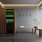 Sauna Utu em ambiente elegante com banco e porta iluminada.
