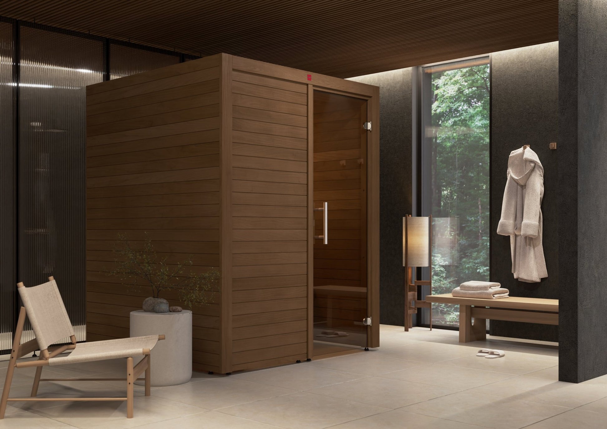 Sauna Utu em ambiente de madeira com banco.