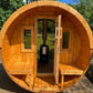 Sauna Exterior Barrel 250 cilíndrica com porta de vidro.