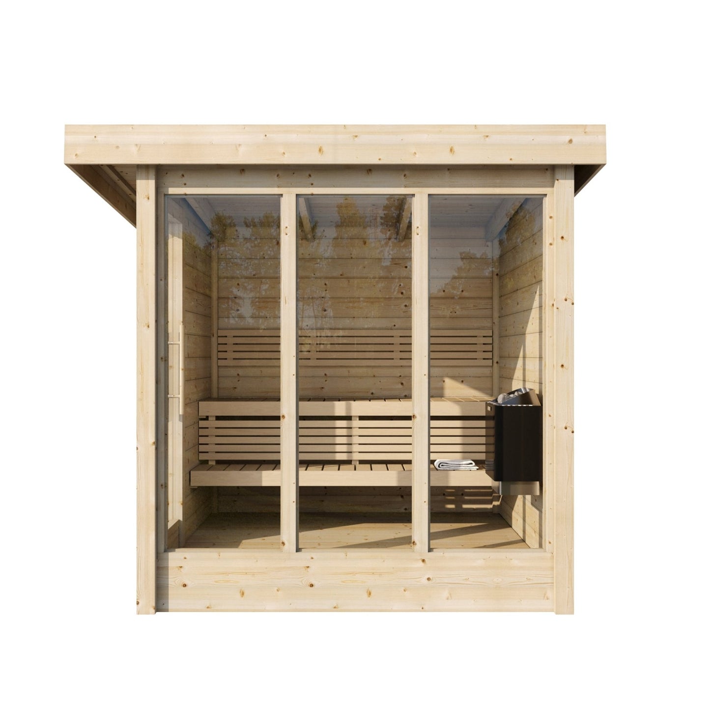 Sauna Exterior Deluxe com design moderno e janelas de vidro.