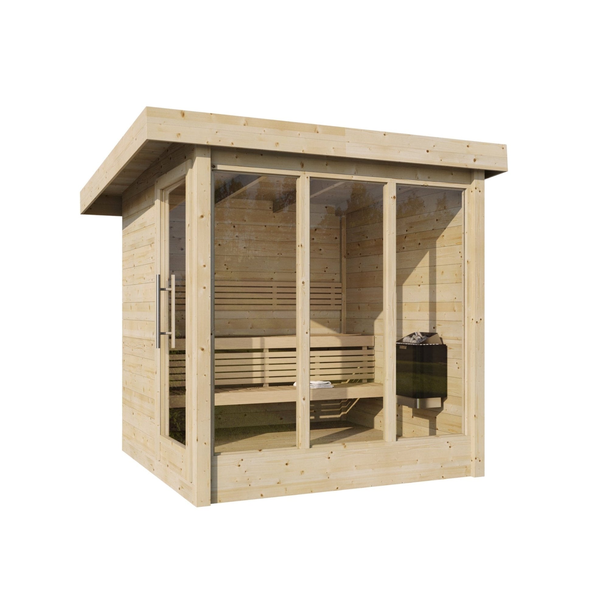 Sauna Exterior Deluxe com portas de vidro e estrutura de madeira.