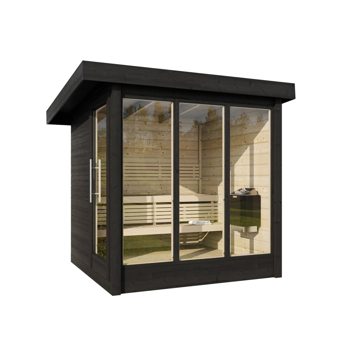 Sauna Exterior Deluxe com portas de vidro e bancos internos.