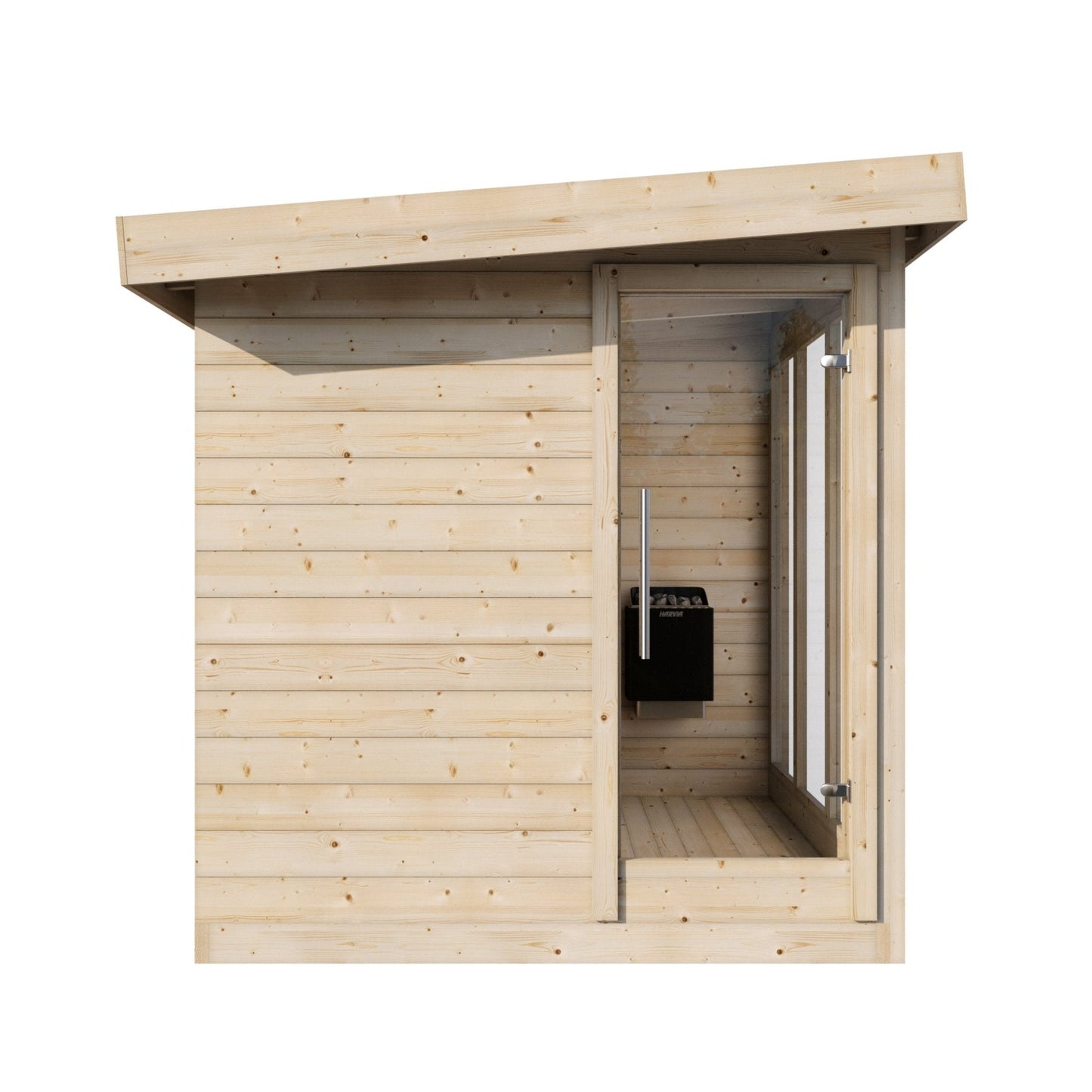 Sauna Exterior Deluxe com porta aberta e grelha interna.