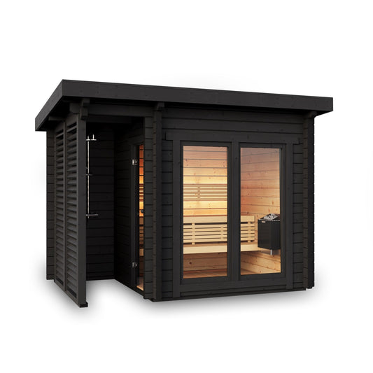 Sauna Exterior Deluxe Plus com fachada envidraçada e banco interno.