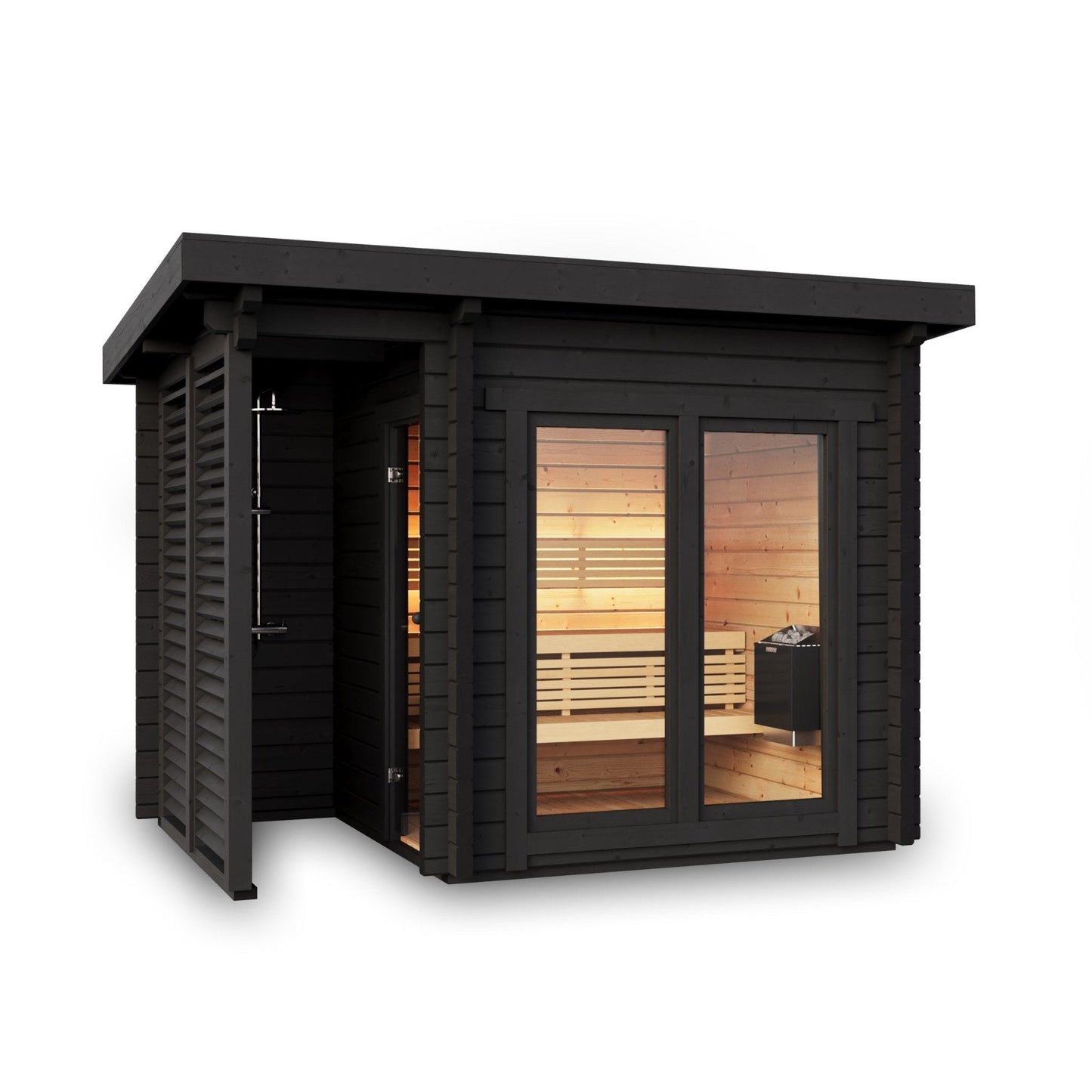 Sauna Exterior Deluxe Plus com fachada envidraçada e banco interno.