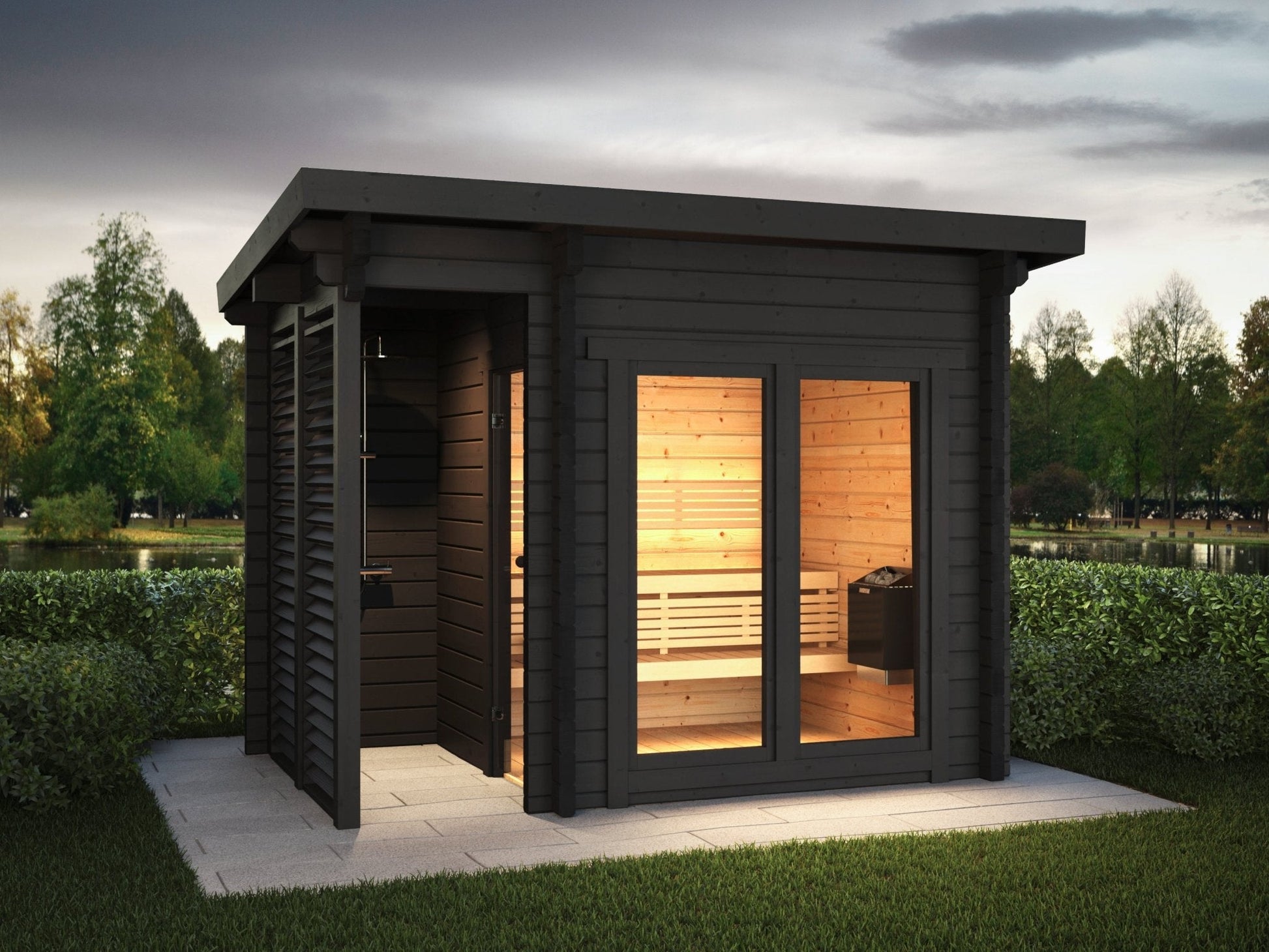 Sauna Exterior Deluxe Plus em área gramada.