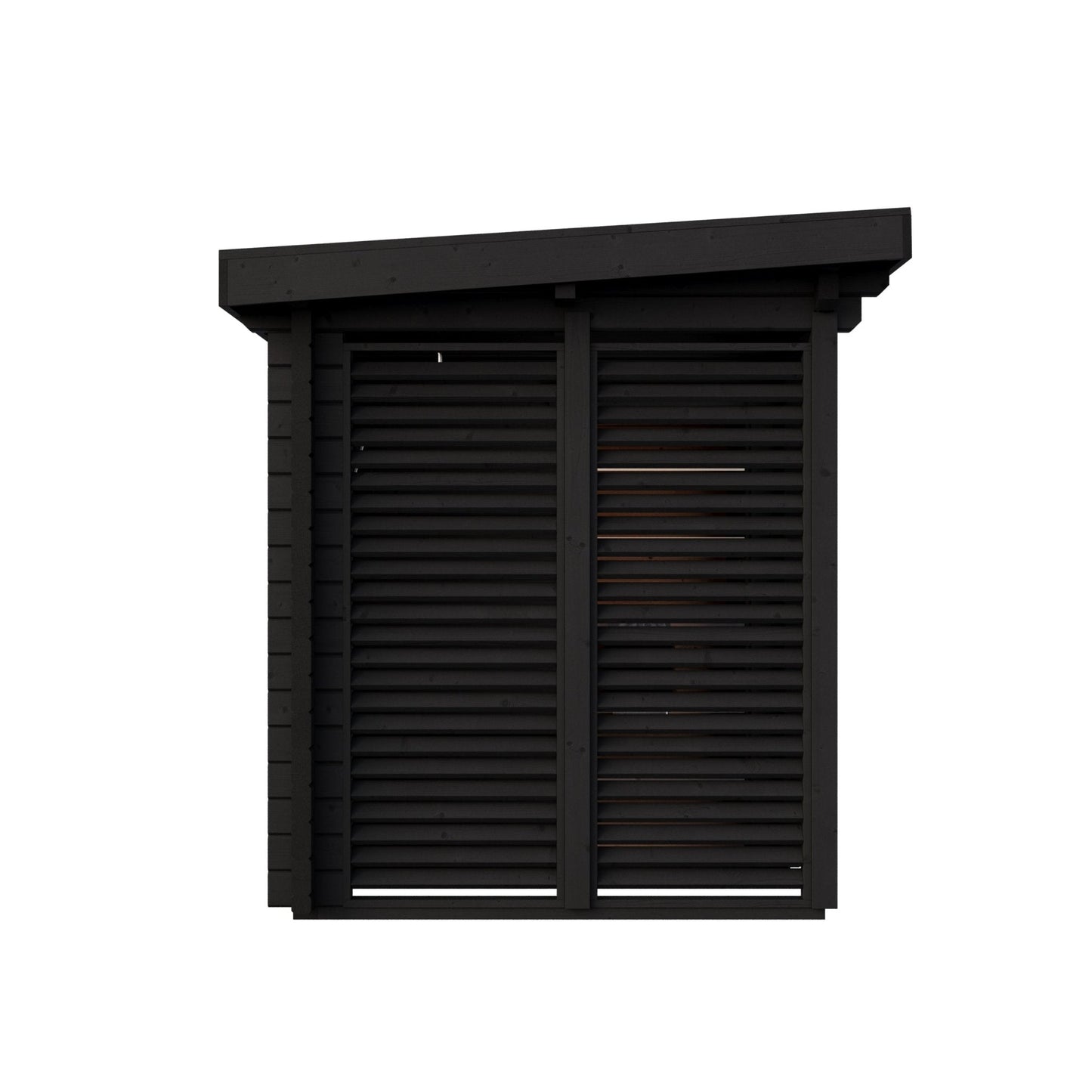 Sauna Exterior Deluxe Plus com telhado inclinado e fachada envidraçada.