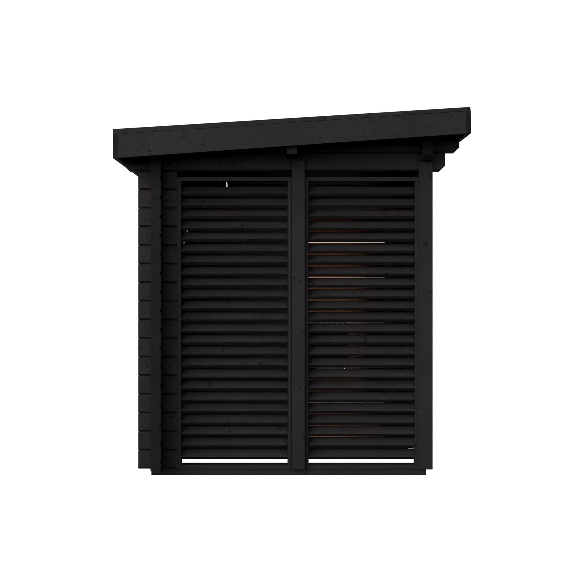Sauna Exterior Deluxe Plus com telhado inclinado e fachada envidraçada.