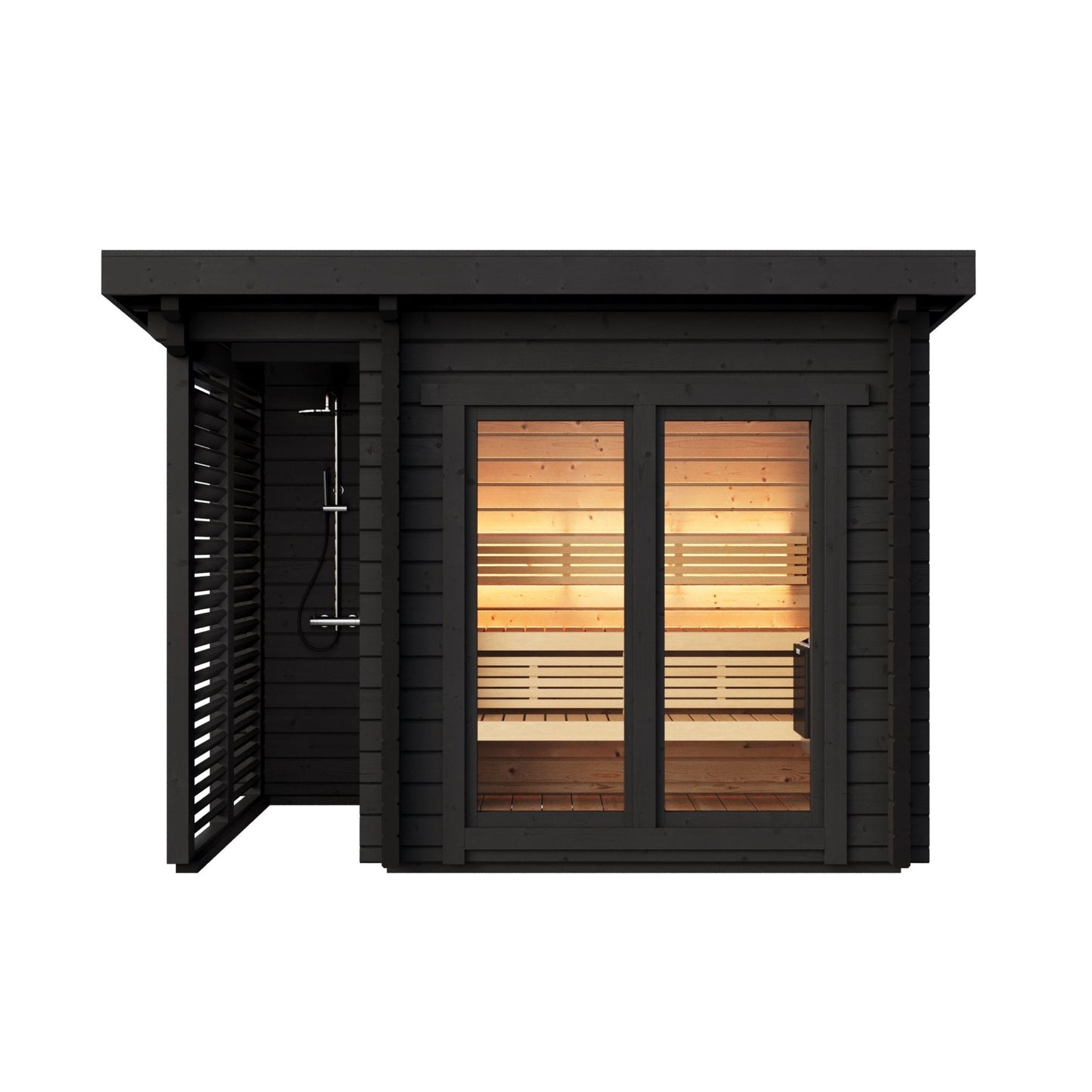 Sauna Exterior Deluxe Plus com fachada envidraçada e banco interno.