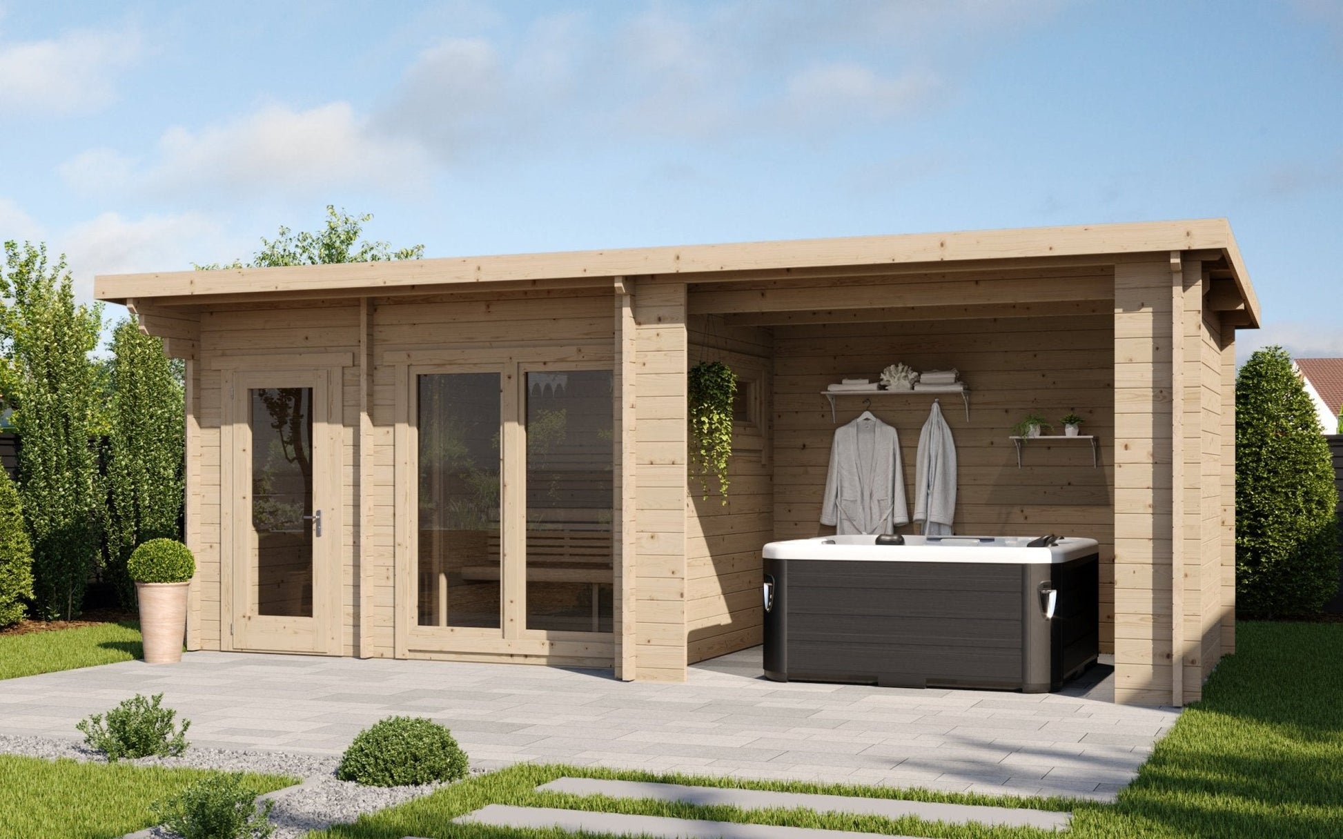 Sauna Exterior Deluxe Spa com jacuzzi e vestiário integrados.