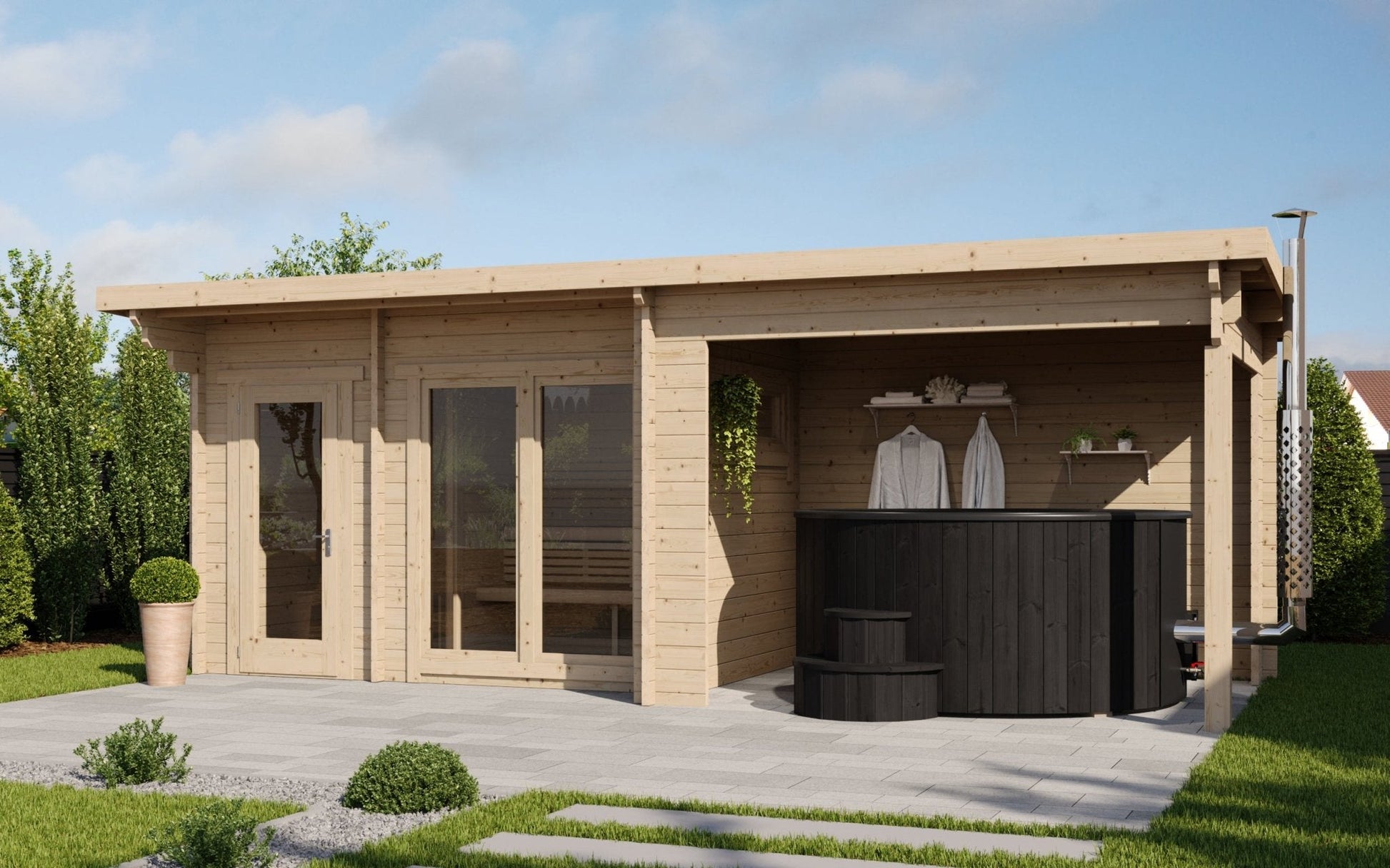 Sauna Exterior Deluxe Spa com banheira e vestiário.