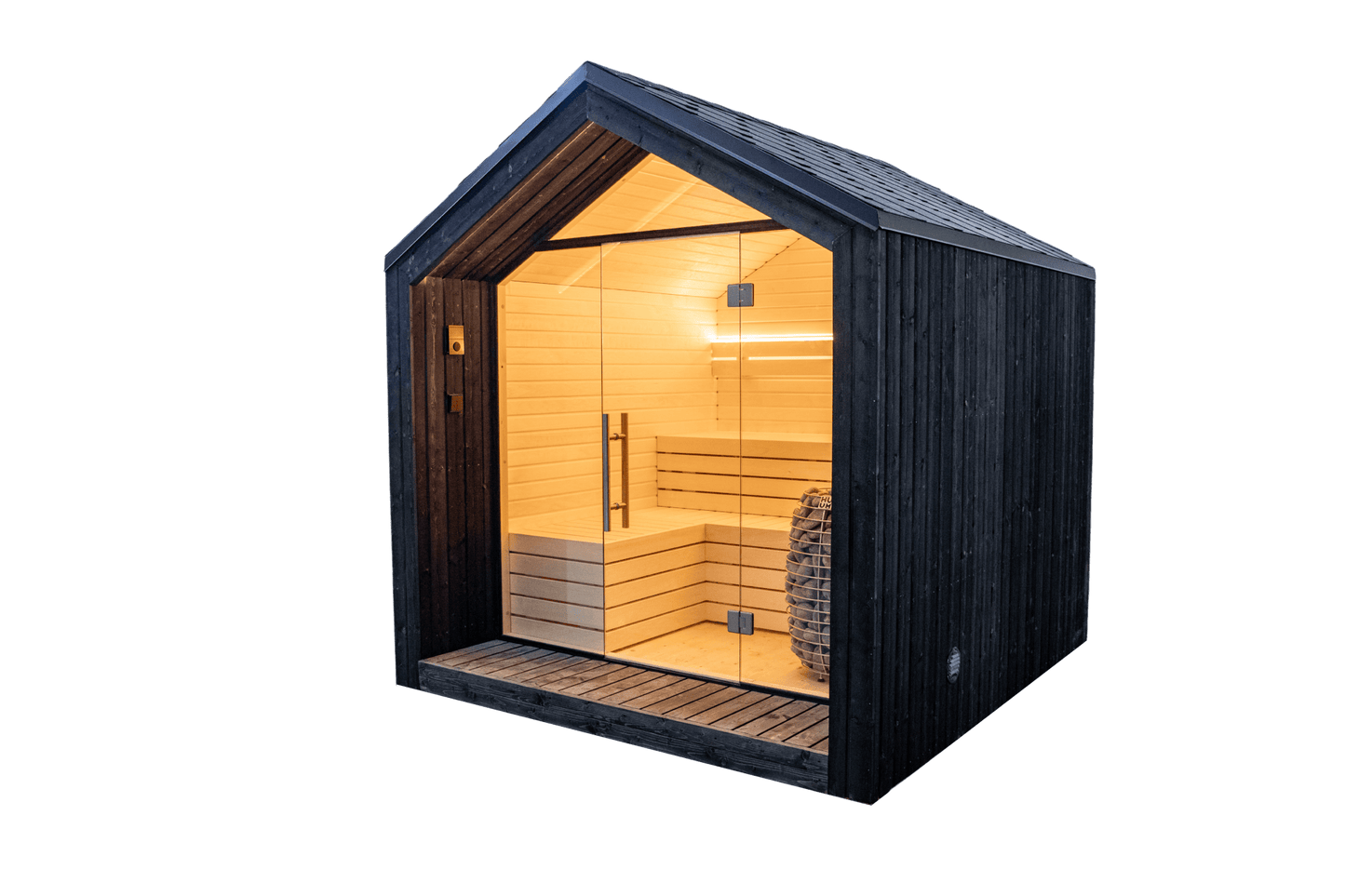 Sauna Exterior Lumi com porta de vidro.