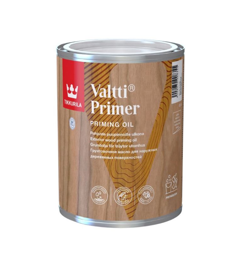 Tikkurila Priming Oil 0.9L em lata com design de madeira.