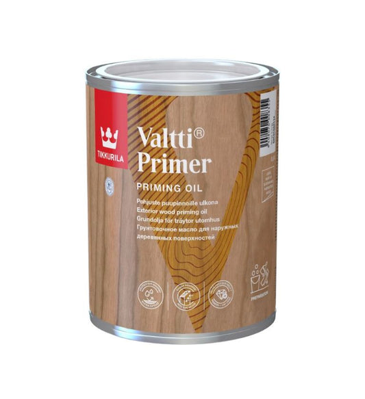 Tikkurila Priming Oil 0.9L em lata com design de madeira.